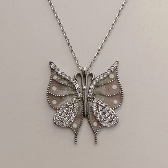 Jewelry - 925 Silver light pink butterfly handmade enamel necklace